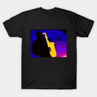 Silhouette of a Jazz Saxophone Player, Purple Blue Background T-Shirt